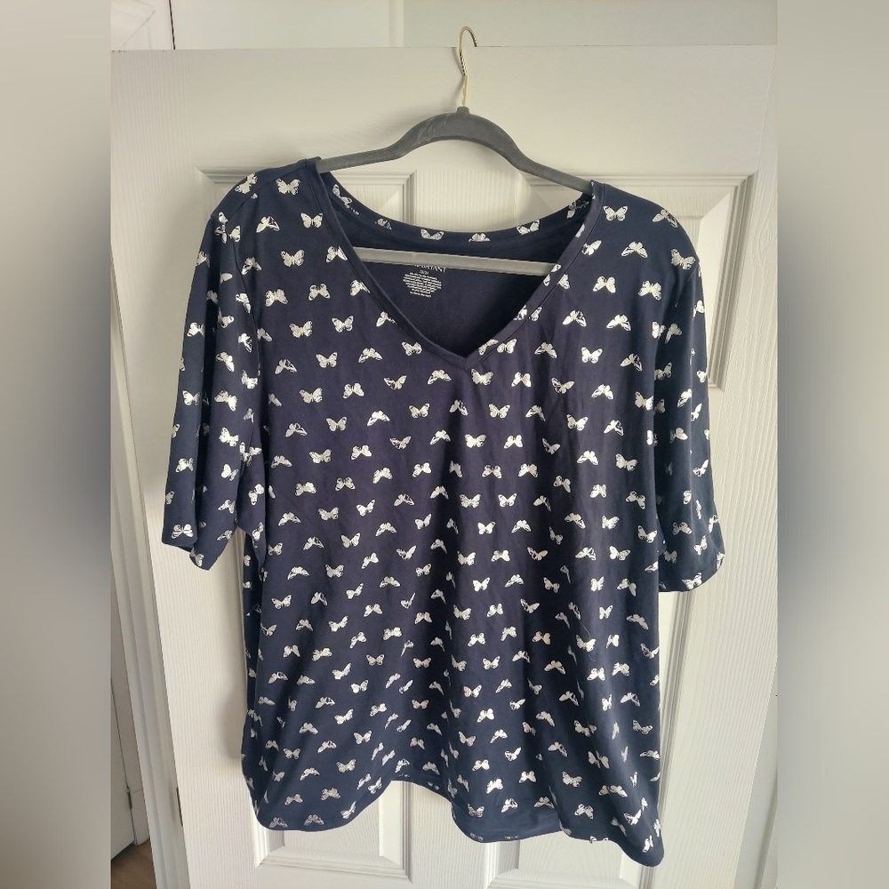 Lane Bryant Dark Blue Top with Metalic Silver Butterfly Design